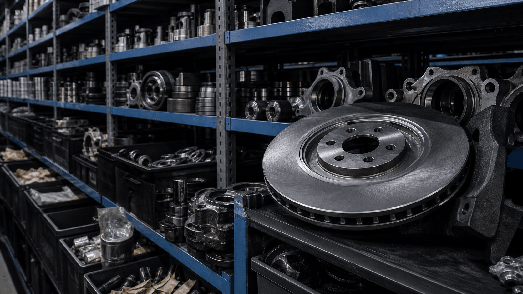 Machined auto parts organized across industrial inventory shelving