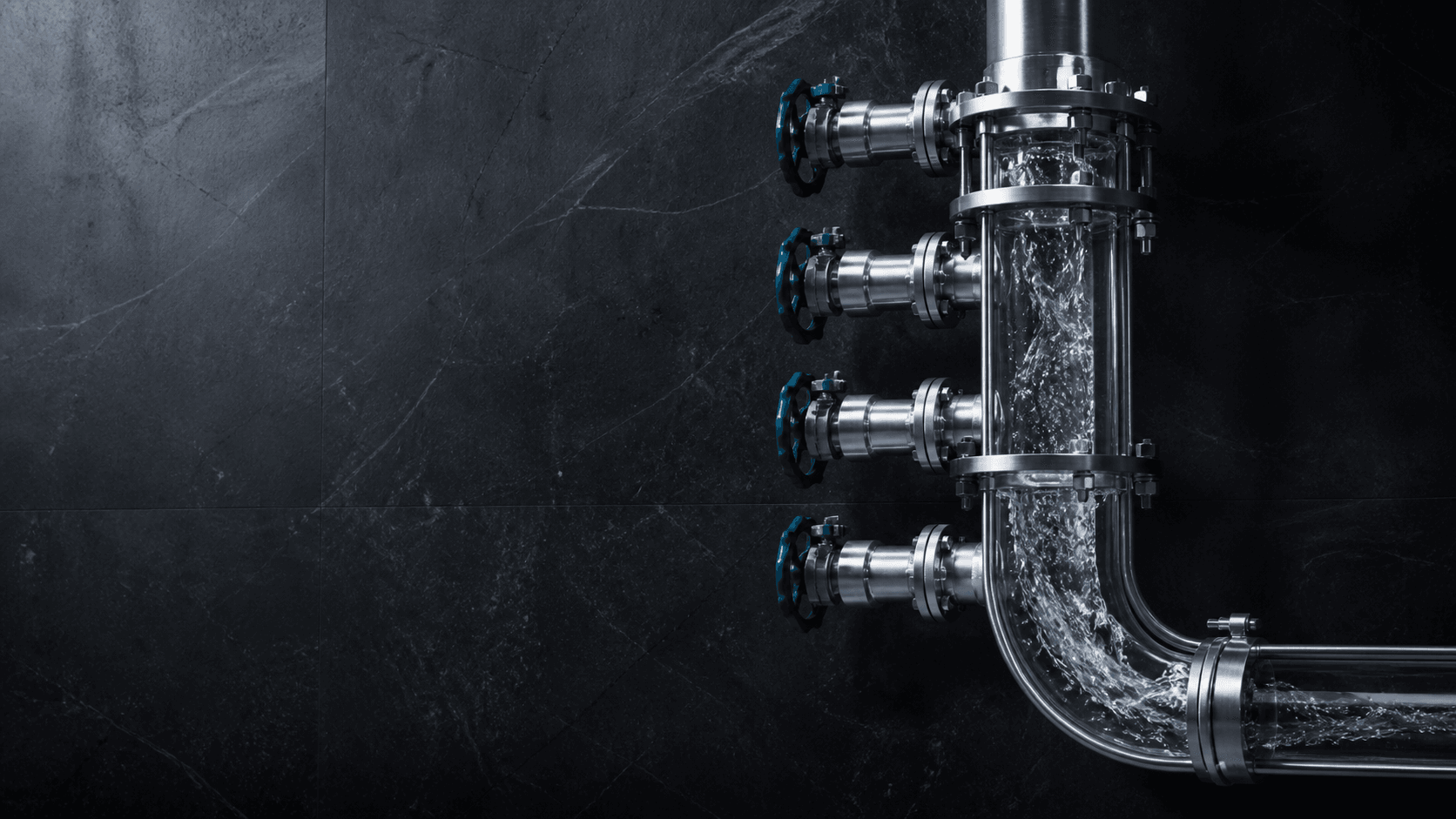 A stainless manifold bringing several flows into one controlled channel